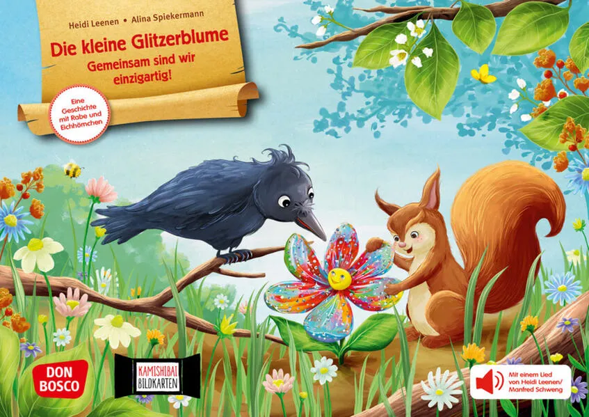 Cover: Die kleine Glitzerblume. Gemeinsam sind wir einzigartig! Eine Geschichte mit Rabe und Eichhörnchen. Kamishibai Bildkartenset