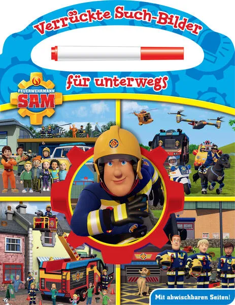 Cover: Feuerwehrmann Sam - Verrückte Such-Bilder für unterwegs - Wimmelbuch - Pappbilderbuch mit Stift und abwischbaren Seiten ab 3 Jahren