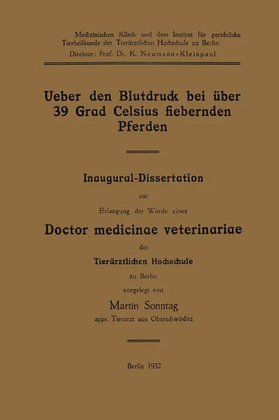 Cover: Ueber den Blutdruck bei über 39 Grad Celsius fiebernden Pferden
