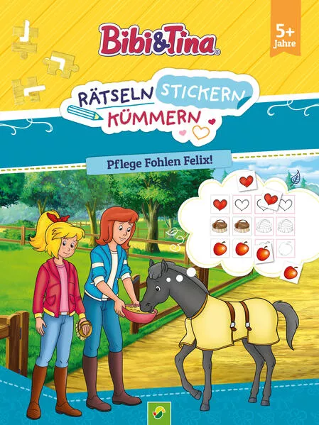 Cover: Bibi & Tina: Rätseln Stickern Kümmern: Pflege Fohlen Felix!