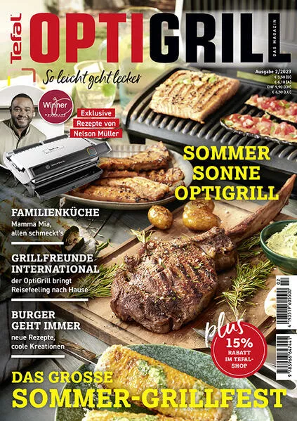 Cover: OptiGrill Magazin Heft Nr. 2-2023 So leicht geht lecker. Das grosse Sommer-Grillfest. Exklusive Rezepte von Nelson Müller und Benni Hetterich "Der OptiGriller"