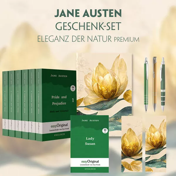 Cover: Jane Austen Geschenkset - 7 Bücher (Softcover + Audio-Online) + Eleganz der Natur Schreibset Premium