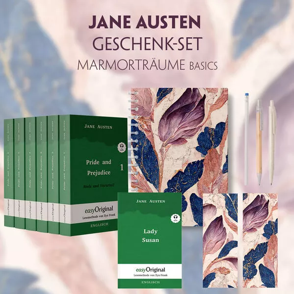 Cover: Jane Austen Geschenkset - 7 Bücher (Softcover + Audio-Online) + Marmorträume Schreibset Basics