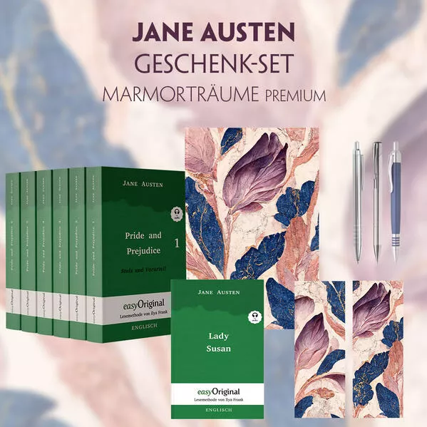 Cover: Jane Austen Geschenkset - 7 Bücher (Softcover + Audio-Online) + Marmorträume Schreibset Premium