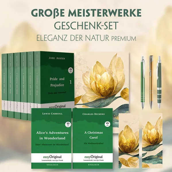 Cover: Große Meisterwerke Geschenkset - 8 Bücher (Softcover+ Audio-Online) + Eleganz der Natur Schreibset Premium