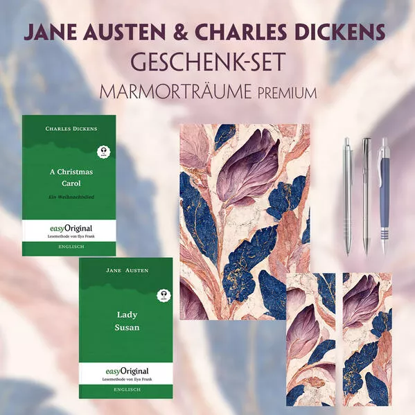 Cover: Jane Austen & Charles Dickens Geschenkset - 2 Bücher (Softcover+ Audio-Online) + Marmorträume Schreibset Premium