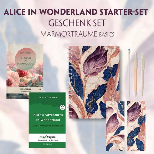 Alice im Wunderland Starter-Paket Geschenkset - 2 Bücher (mit Audio-Online) + Marmorträume Schreibset Basics