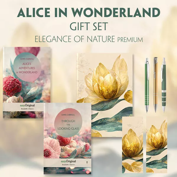 Alice in Wonderland Books-Set (with audio-online) Readable Classics Geschenkset + Eleganz der Natur Schreibset Premium
