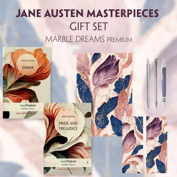 Cover: Jane Austen's Masterpieces (with audio-online) Readable Classics Geschenkset + Marmorträume Schreibset Premium
